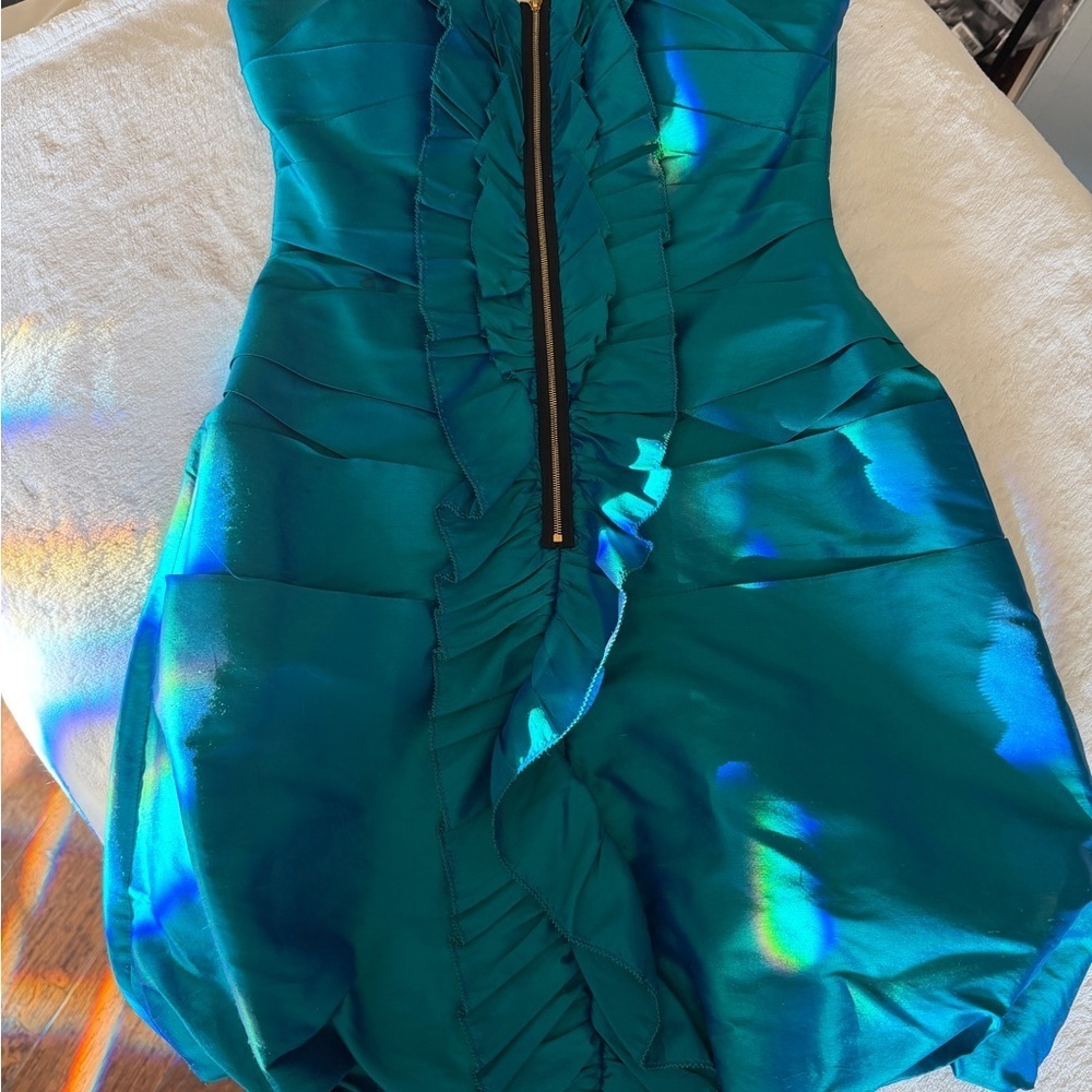 Teal Silk Strapless Ruffled Dress with Zipper